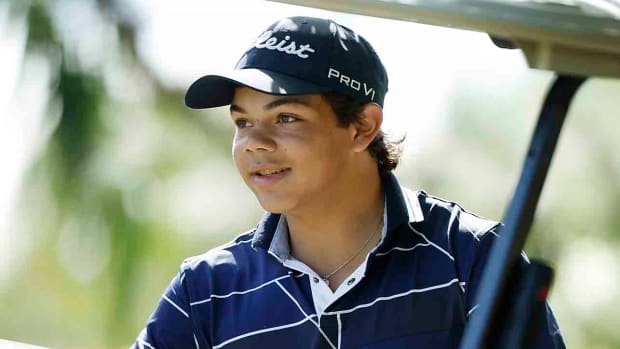 Charlie Woods looks on during pre-qualifying for the Cognizant Classic in The Palm Beaches at Lost Lake Golf Club on Feb. 22, 2024. in Hobe Sound, Fla.